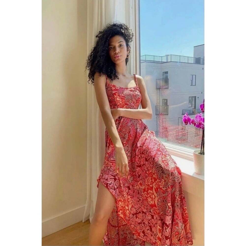 Free People Intimately Forever Yours Smocked Slip Maxi Dress Red Floral Size S